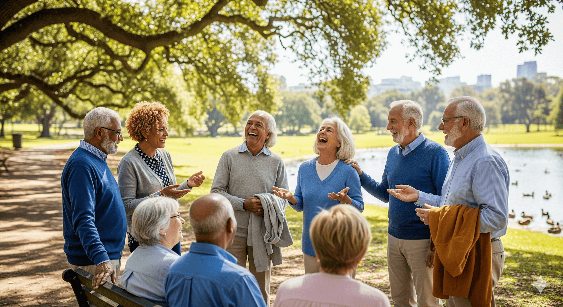 A diverse group of happy seniors laughing and talking together in a sunny park.