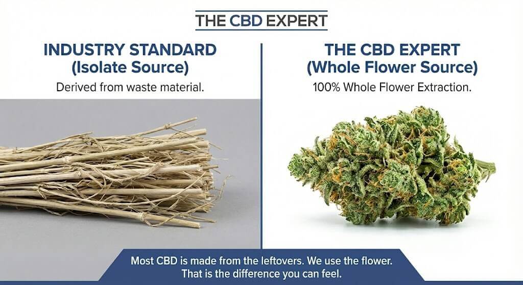 Side-by-side comparison showing dry hemp stalks used for standard CBD isolate versus lush green CBD whole flower used for The CBD Expert Fluid, and explained in detail in our CBD Guide