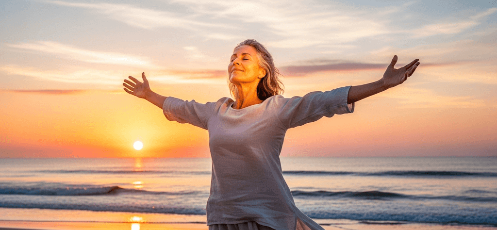 A woman on a beach at sunrise feels hopeful and free, symbolizing the relief from chronic pain that is possible with CBD.