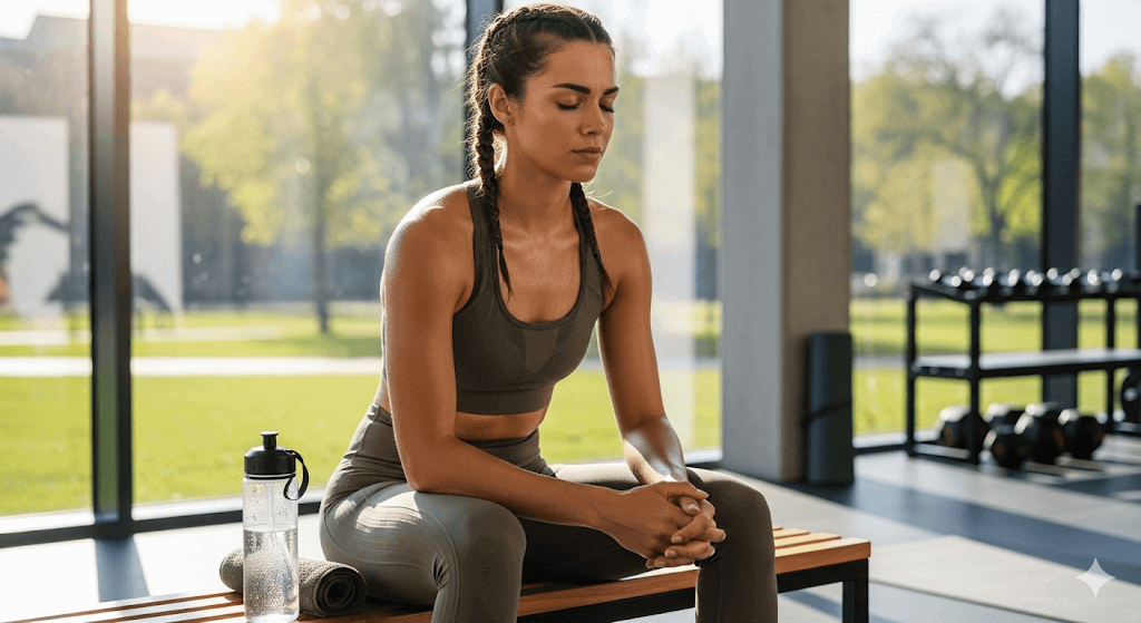 An athlete in a modern gym takes a moment for calm recovery, illustrating the benefits of using CBD for athletes to reduce inflammation and improve focus.