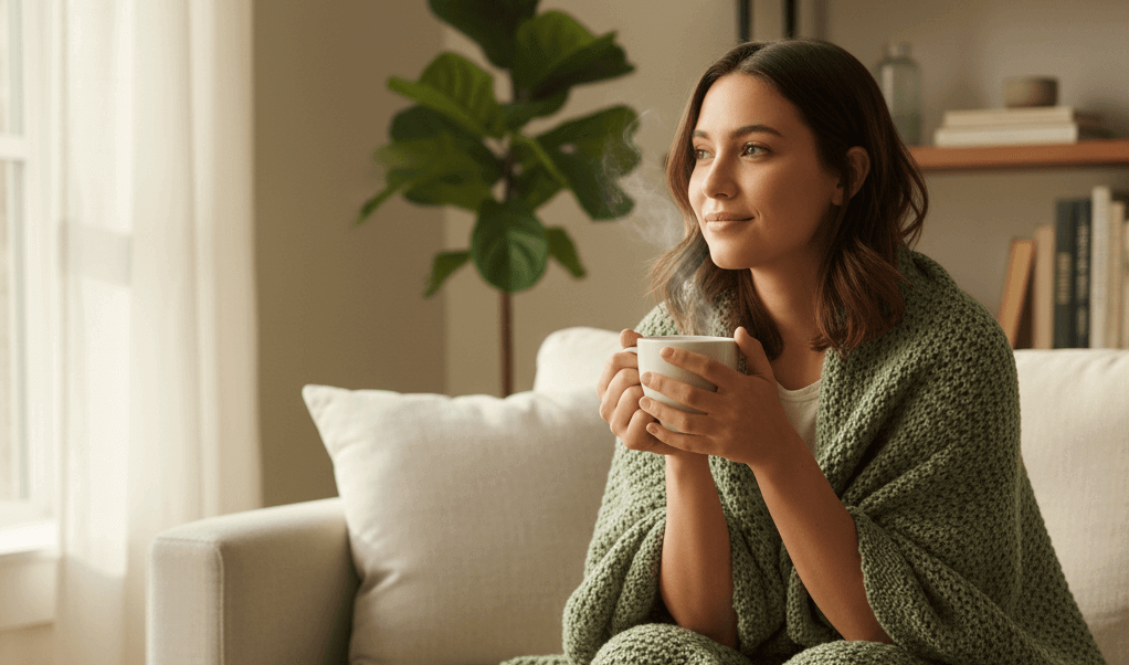 A woman wrapped in a cozy blanket sits in a sunlit room, finding a moment of peace while using CBD for natural mood support.