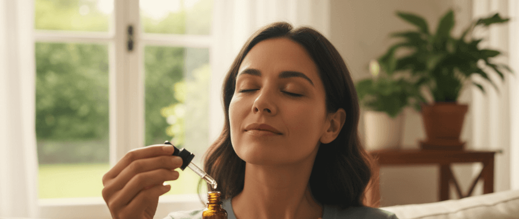 A serene woman with closed eyes and a hand on her chest, holding a CBD oil dropper bottle, symbolizing calm and anxiety relief in a sunlit living room.